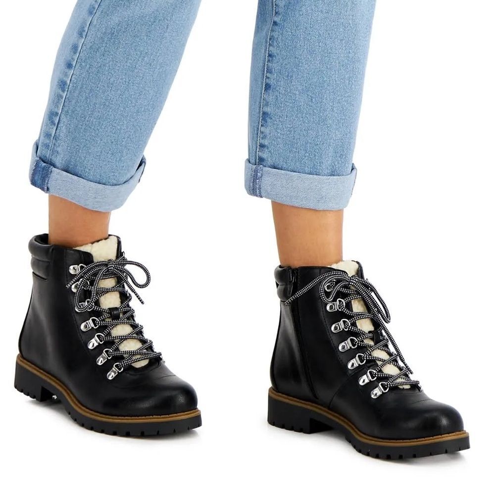 Style & Co Women Lug Sole Combat Boot Maariah Size US 7 Black Faux Leather new